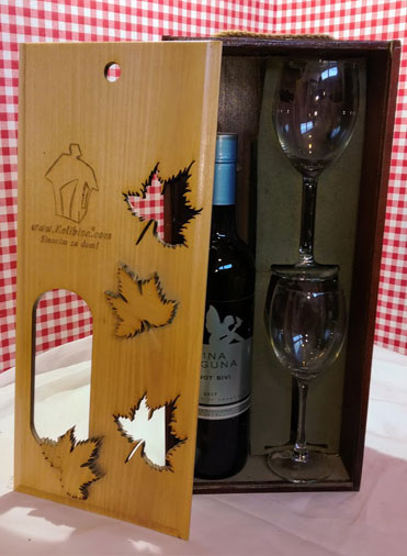 Wooden box for one wine bottle and two glasses